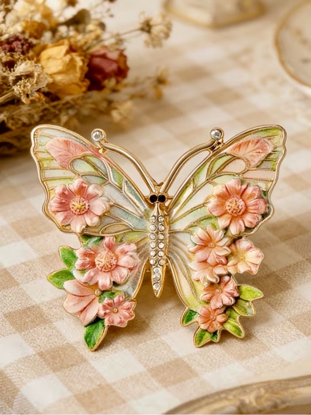 Enamel Butterfly Floral Brooch in Pastel Pink & Green